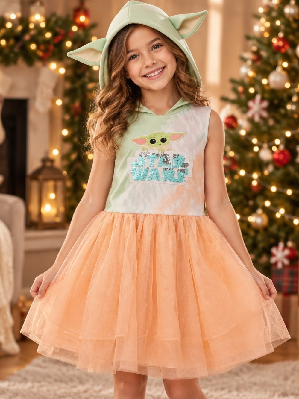 Star Wars Green and Peach Grogu Hooded Tulle Costume Dress for Kids